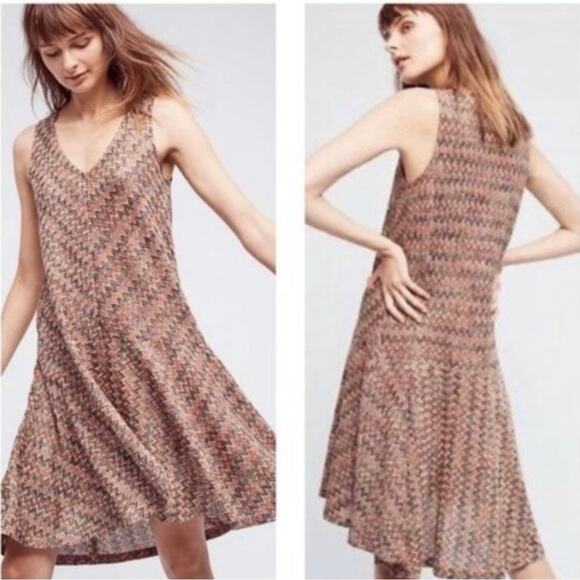 Anthropologie Maeve Westwater Zig-Zag Shift Dress Knee Length Flounce Hem Medium - Picture 1 of 5